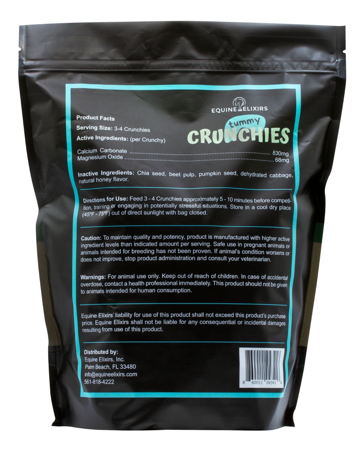 Back view of a large bag of Equine Elixirs Tummy Crunchies on a white background