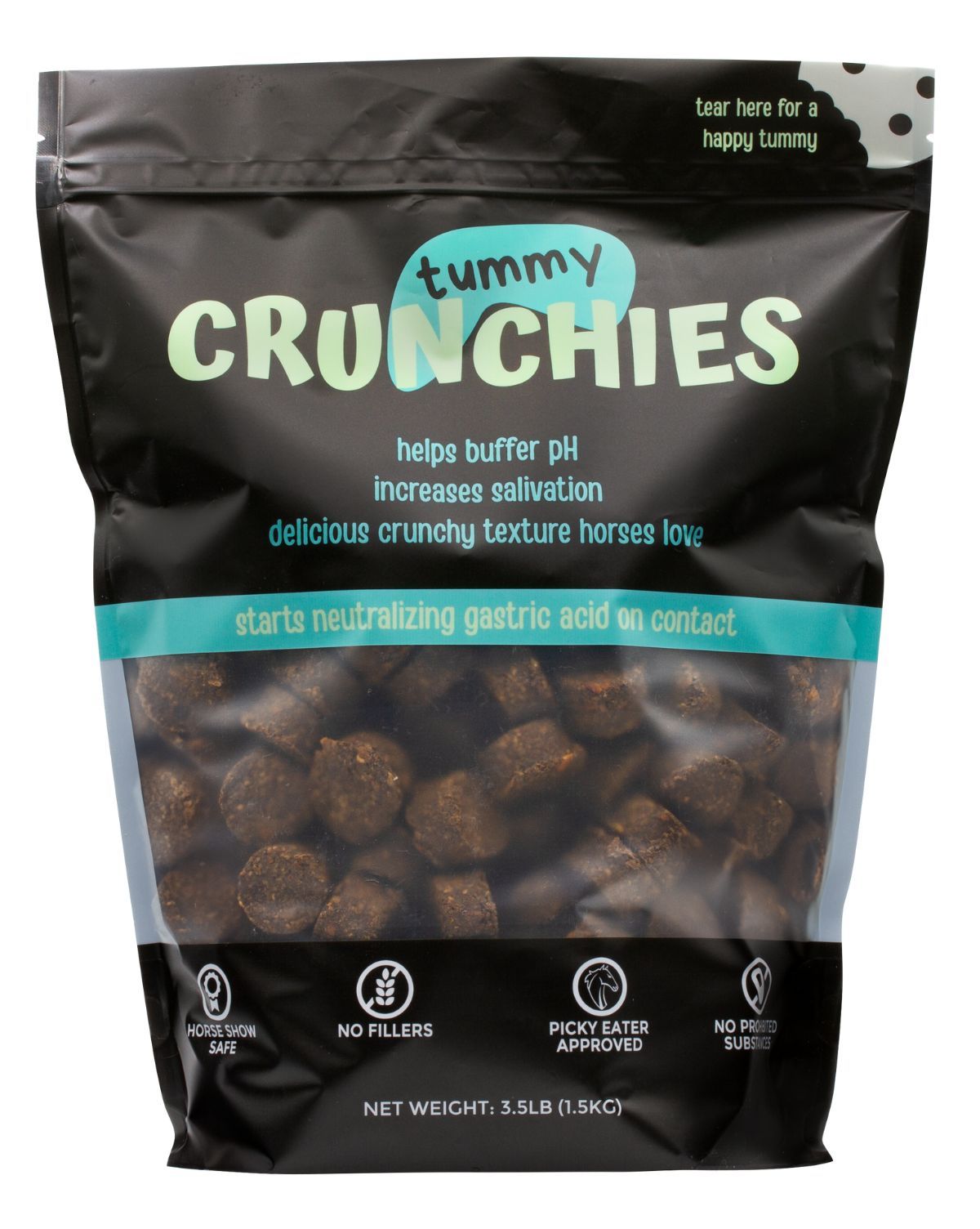 Front view of a large bag of Equine Elixirs Tummy Crunchies on a white background