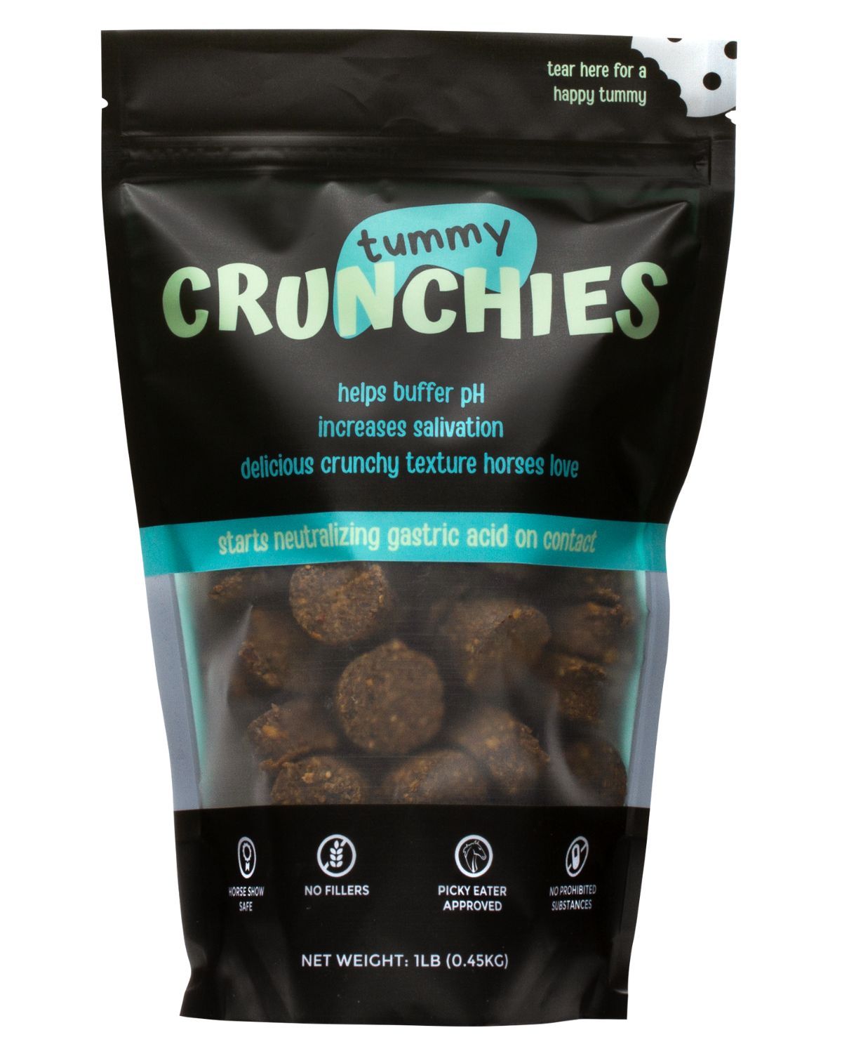 Front view of a small bag of Equine Elixirs Tummy Crunchies on a white background