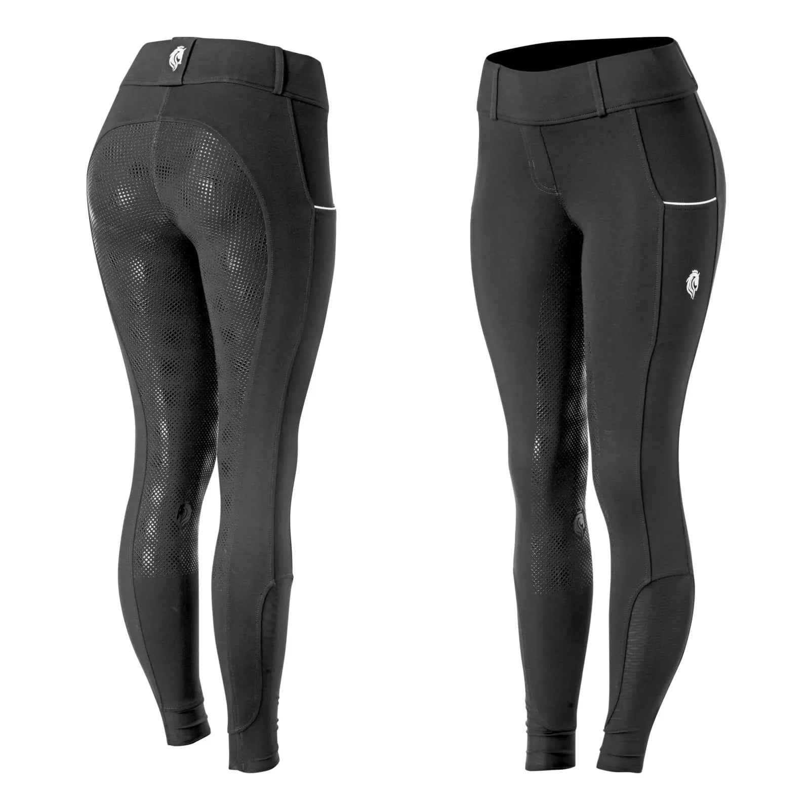 Angled back and angled front views side by side of the Equinavia Astrid Pull On Full Seat Breeches in black