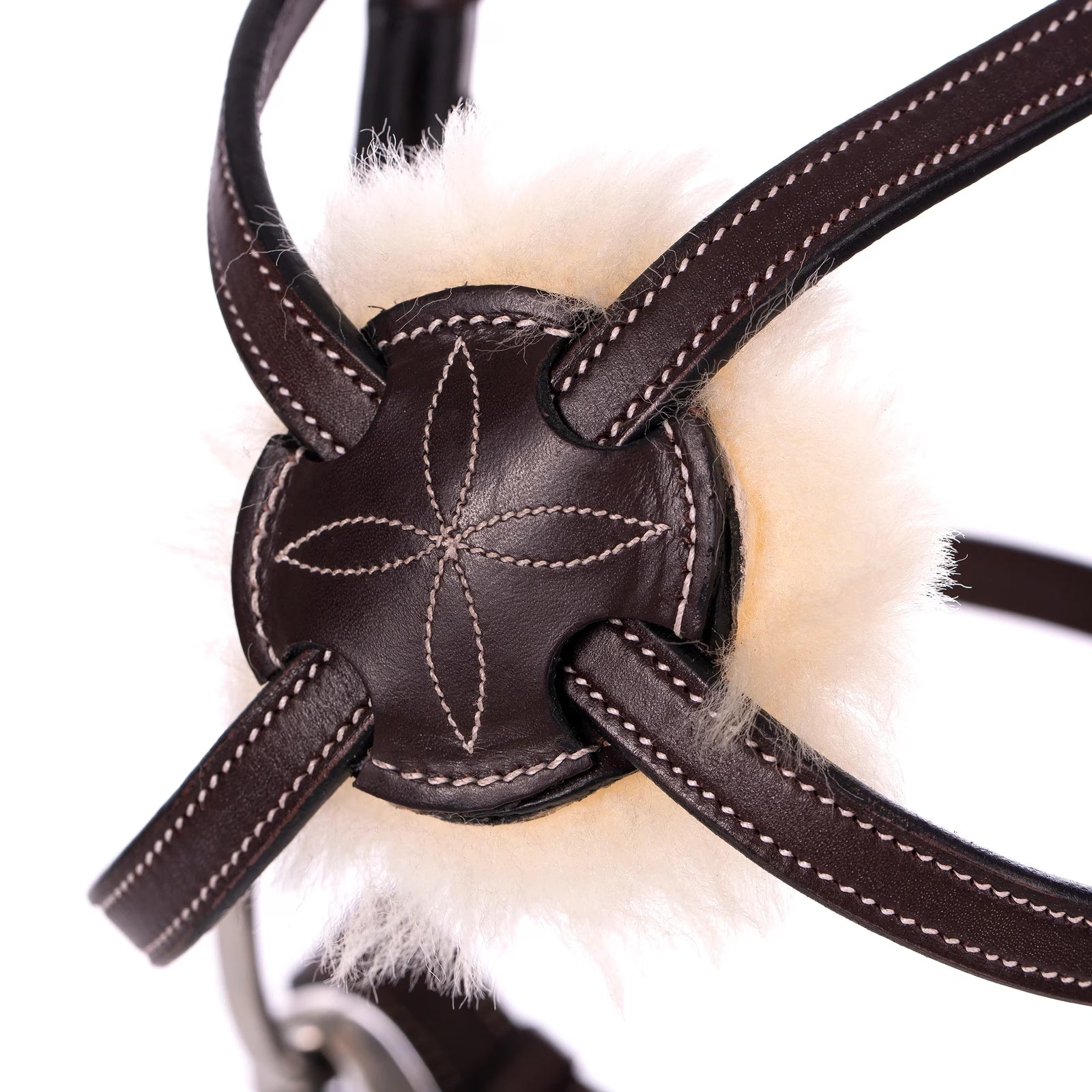 Close-up view of the padded figure 8 on the Equinavia Valkyrie Fancy Stitched Figure 8 Bridle & Reins on a plain background