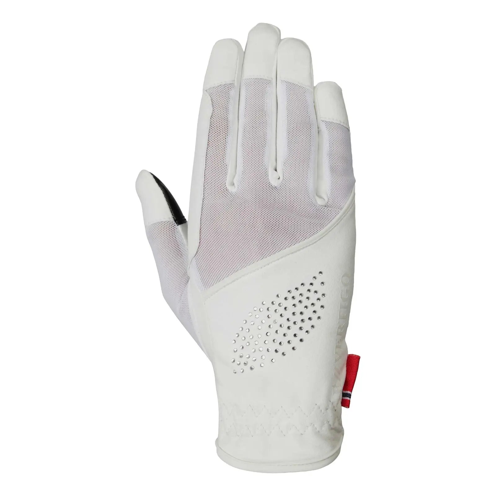 Front view of Equinavia B Vertigo Lux Show Glove in white with mesh and crystal back