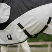 Close-up side view of a horse wearing the black/silver gray Equinavia Norse Detachable Neck Combi Summer Sheet 