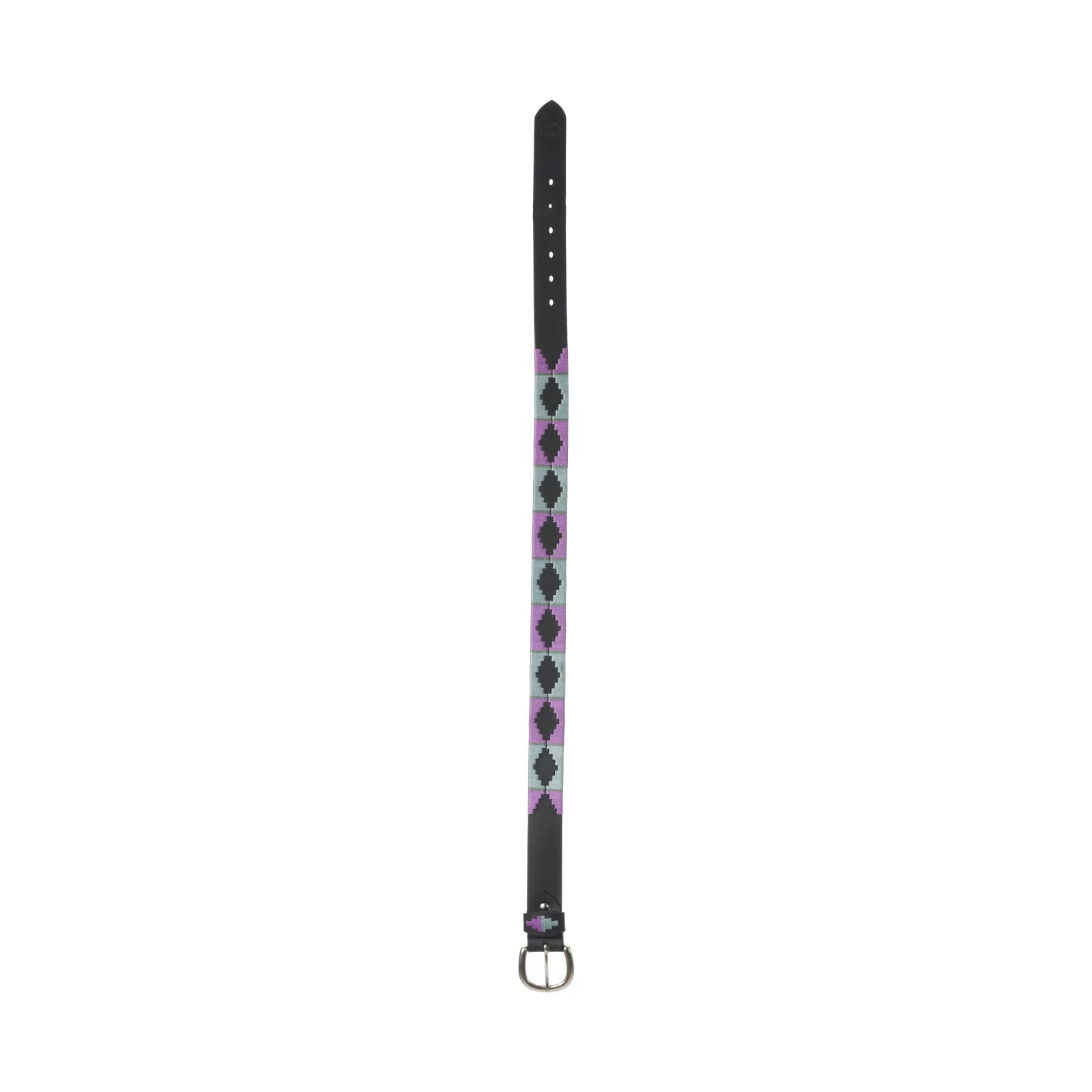Full view of the purple and gray, black-leather Equinavia Siri Polo Belt on a white background