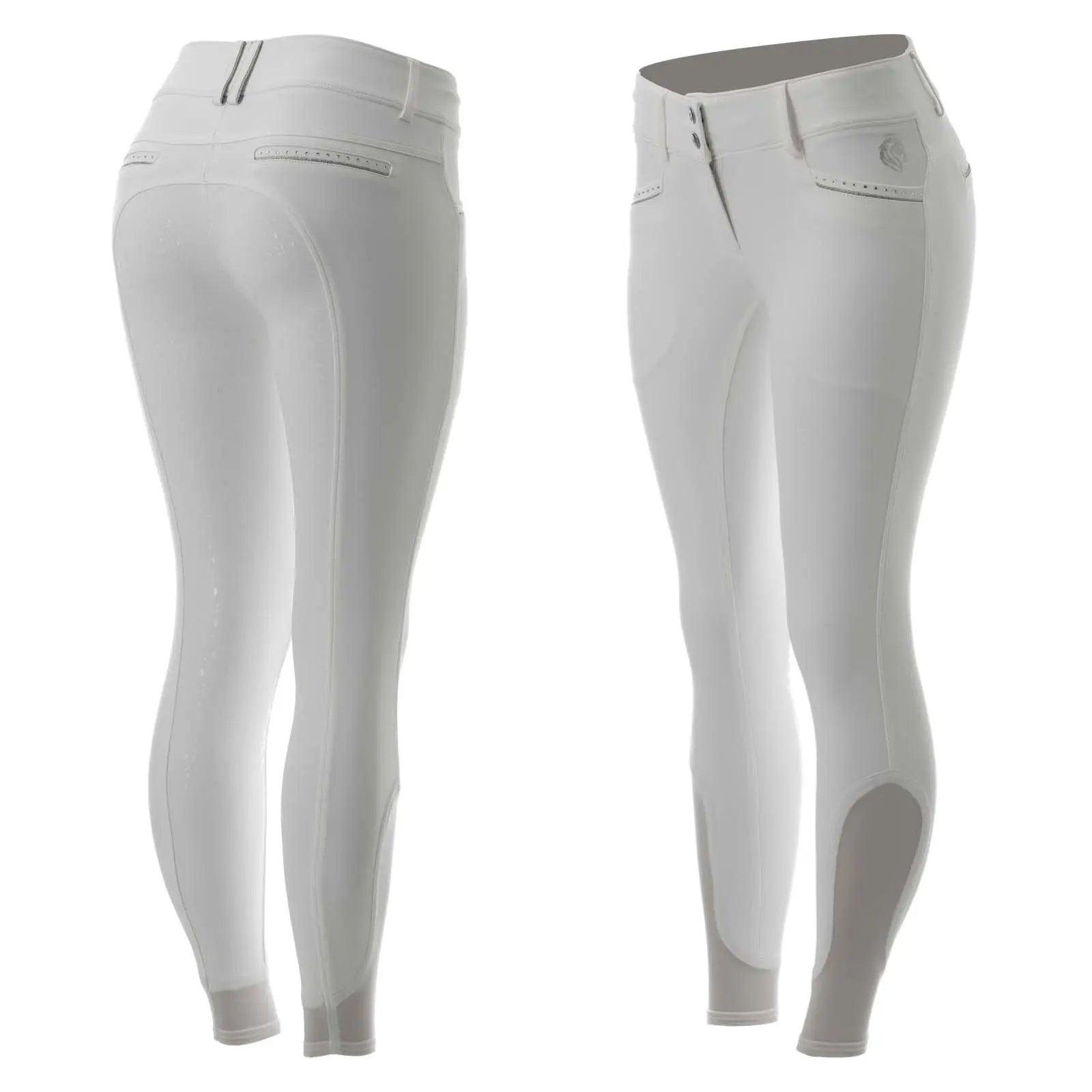 Front and back views of the white Equinavia Victoria Full Seat Breeches on a white background
