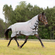 Horse trotting in a field wearing slate grey summer sheet