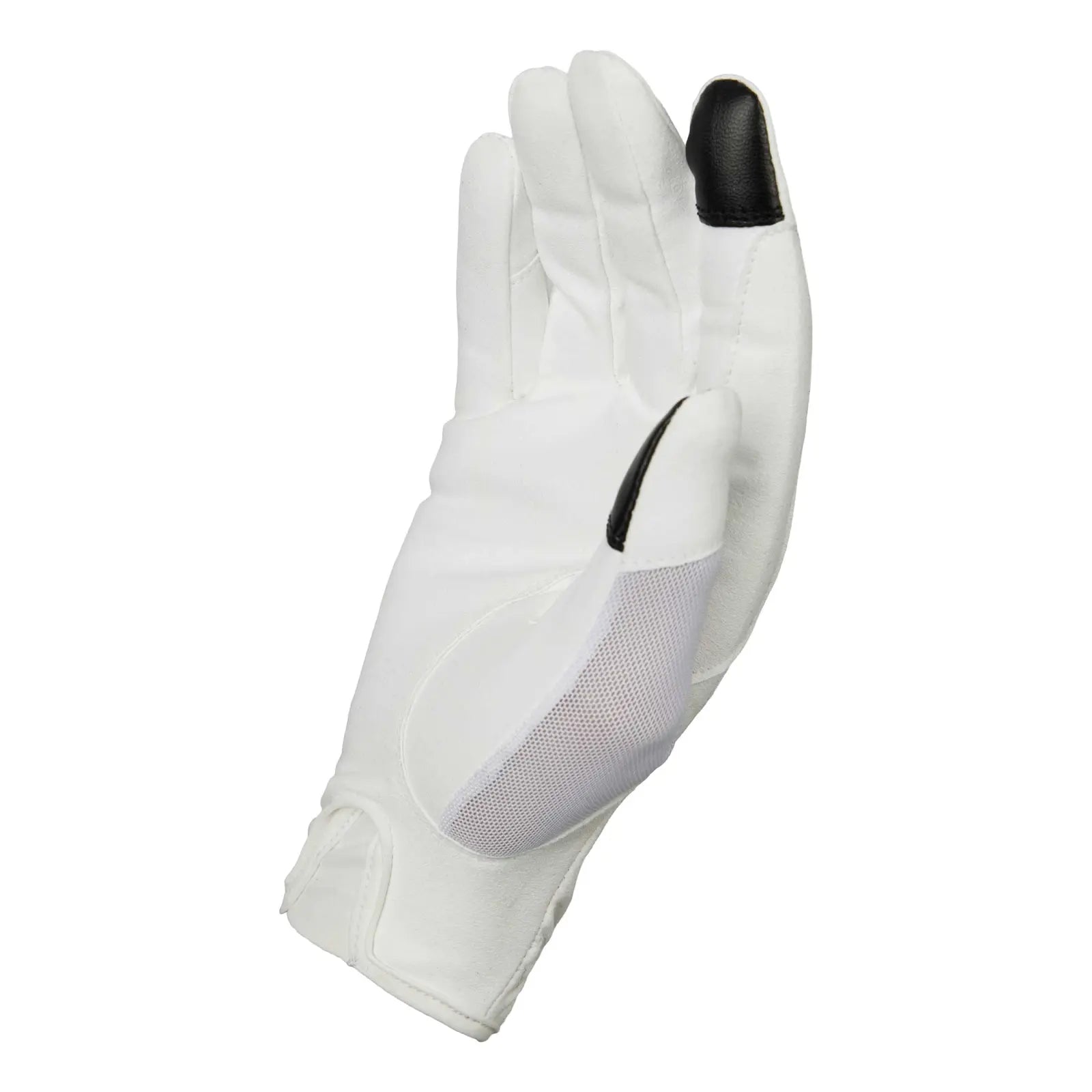 Side angle of Equinavia B Vertigo Lux Show Glove in white showing mesh panel and fitted wrist