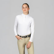 Front view of a model wearing White Equinavia Selma Long Sleeve Show Shirt on a plain background