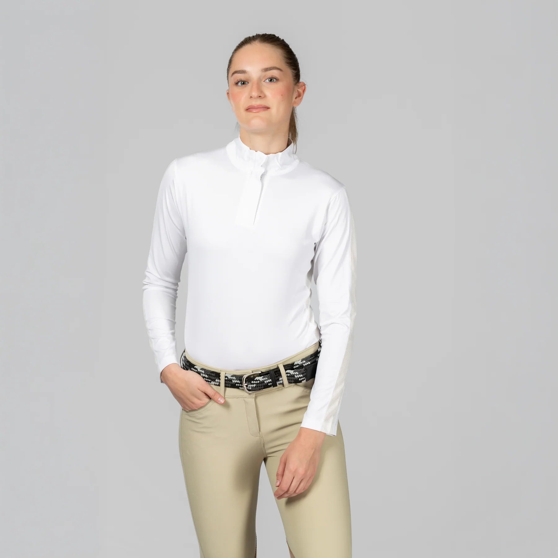 Front view of a model wearing White Equinavia Selma Long Sleeve Show Shirt on a plain background