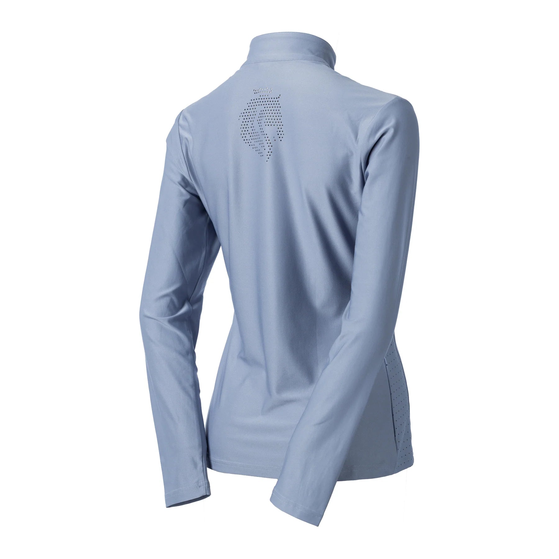 Back view of Dusk Blue Equinavia Aurora Long Sleeve Training Shirt on a white background