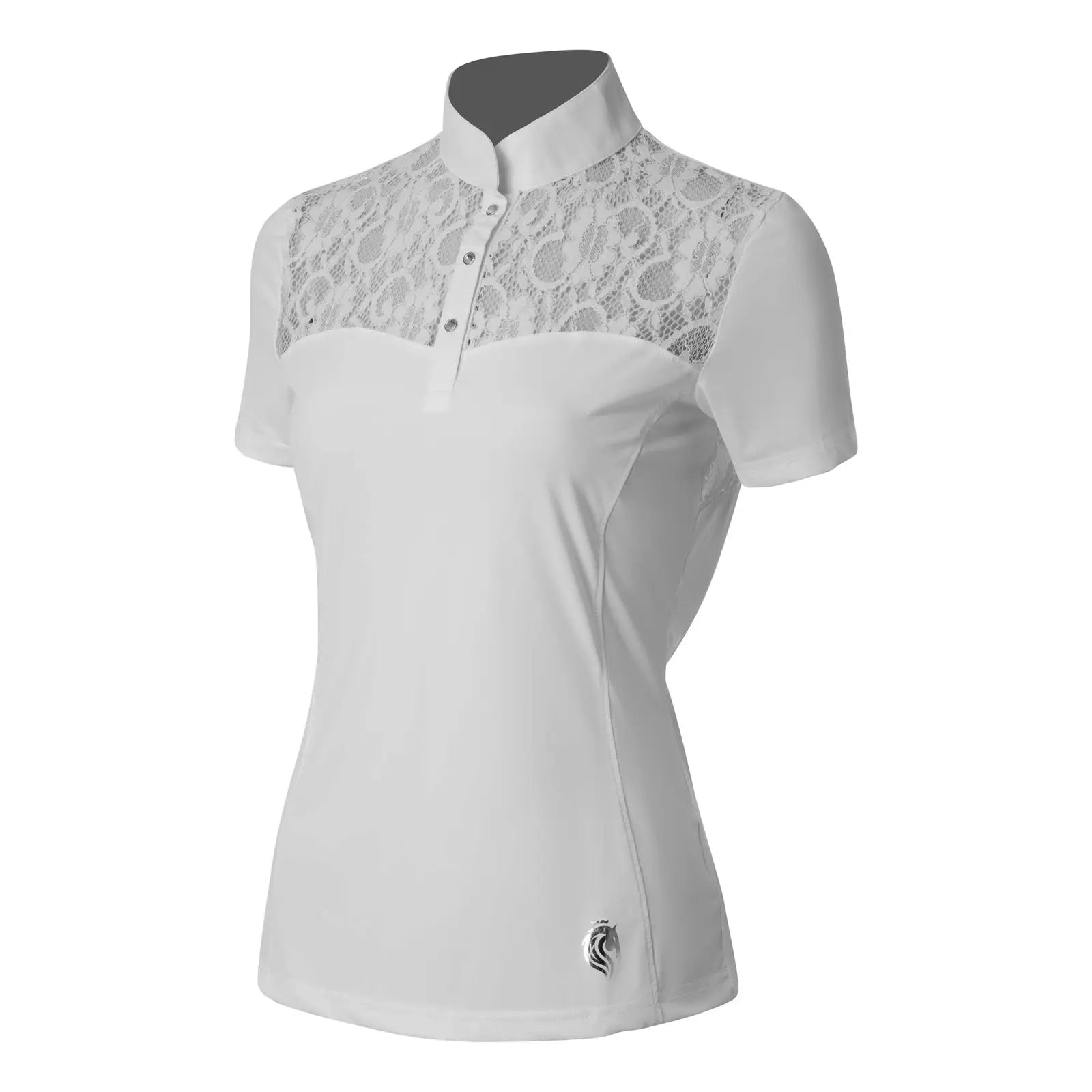 Angled front view of the Equinavia Lisa Lace Short Sleeve Show Shirt on a white background