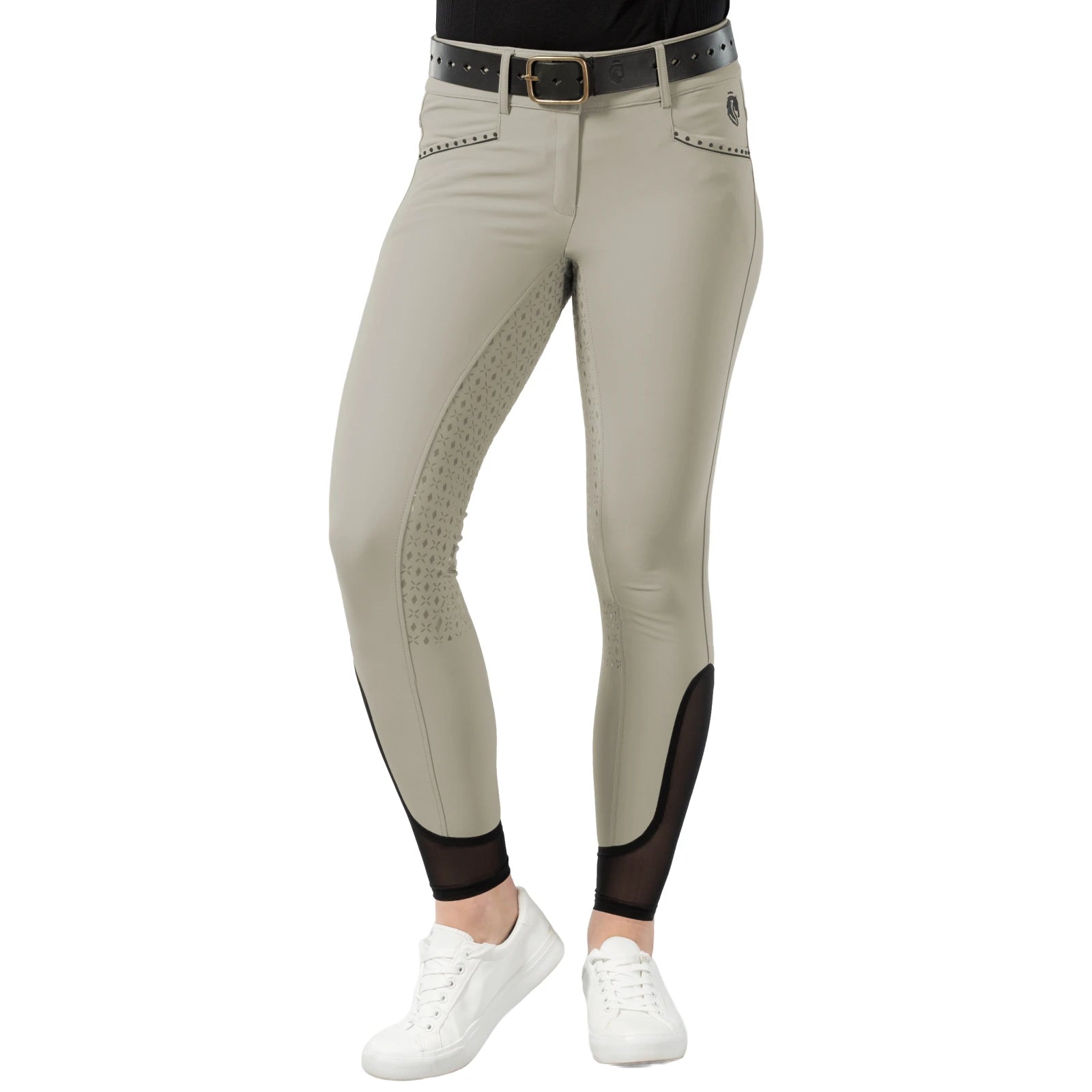 Front view of a model wearing the tan Equinavia Victoria Full Seat Breeches on a white background