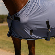 Angled side closeup view of a horse wearing Dusk Blue Equinavia Torr Quick Dry Cooler