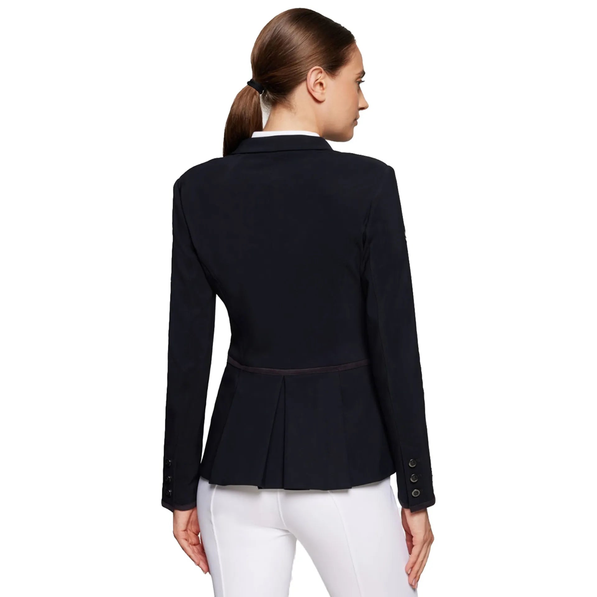 Back view of a female model wearing the black Samshield Victorine Show Coat on a white background