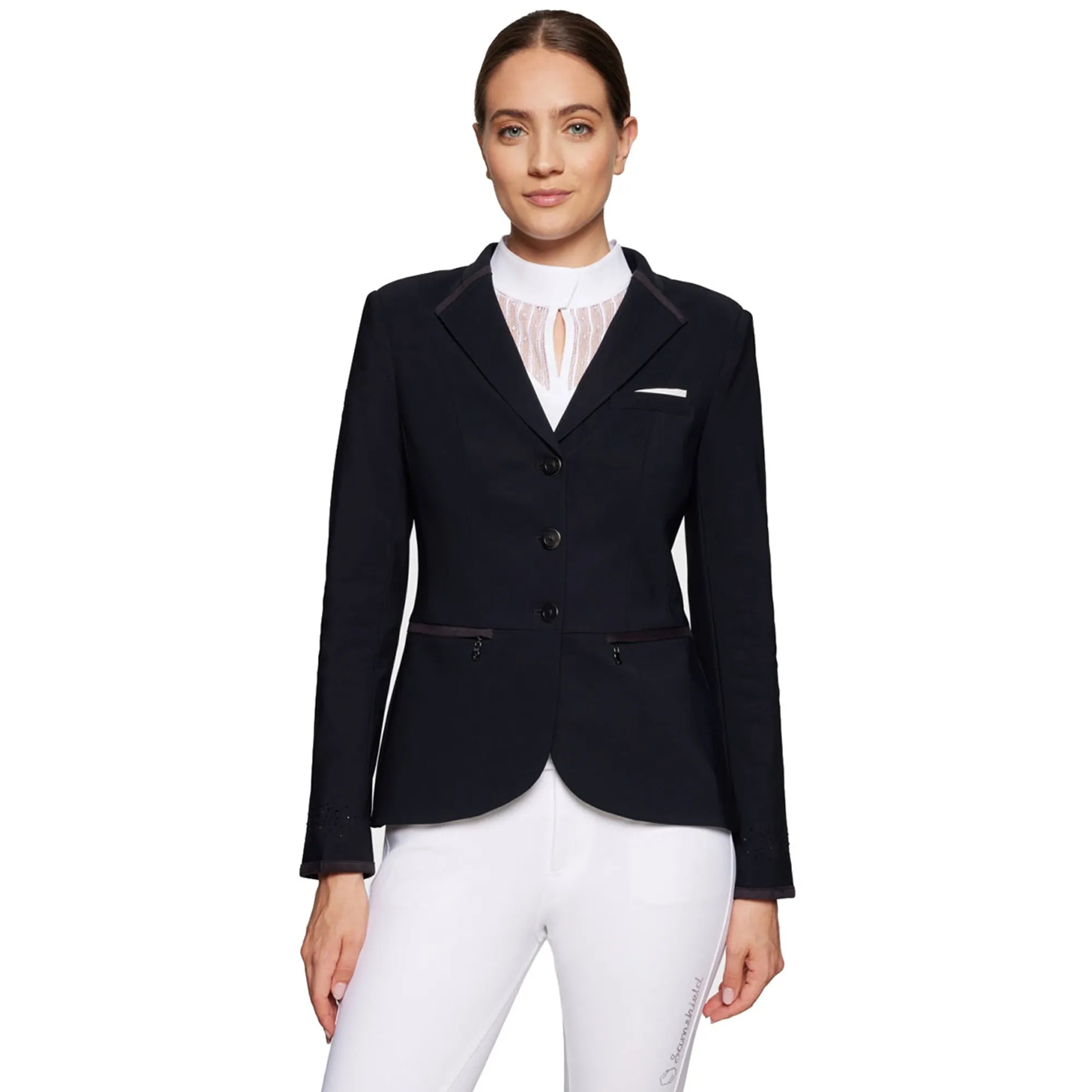 Front view of a female model wearing the black Samshield Victorine Show Coat on a white background