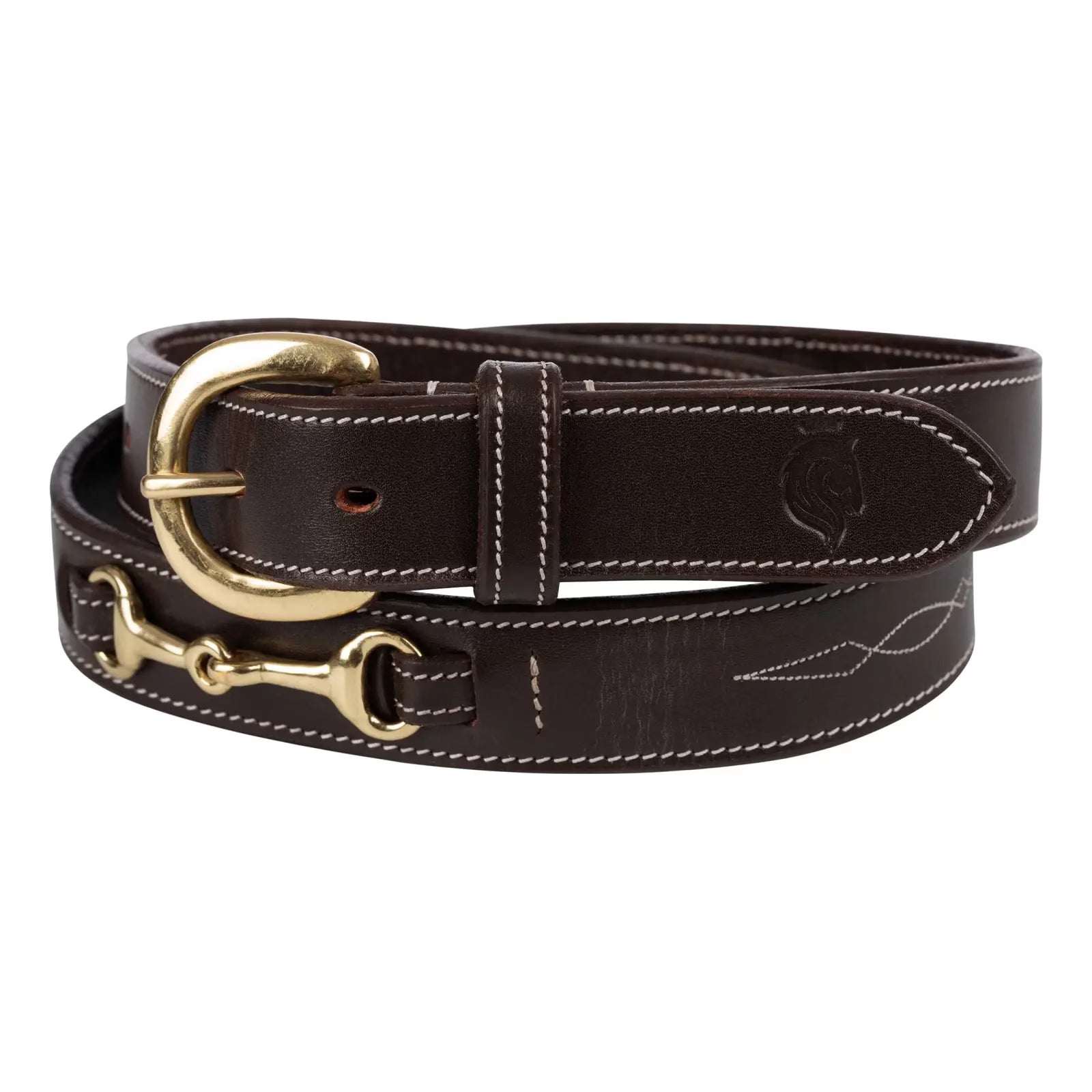 View of the brown Equinavia Filippa Fancy Stitch Bit Belt on a white background