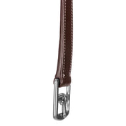 Close-up angled view of the buckle on the Oakbark Brown Equinavia Valkyrie Stirrup Leathers on a white background