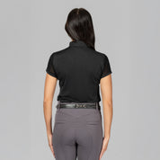 Back view of a female model wearing the Black Horze Mina Mesh Short Sleeve Training Shirt on a plain background