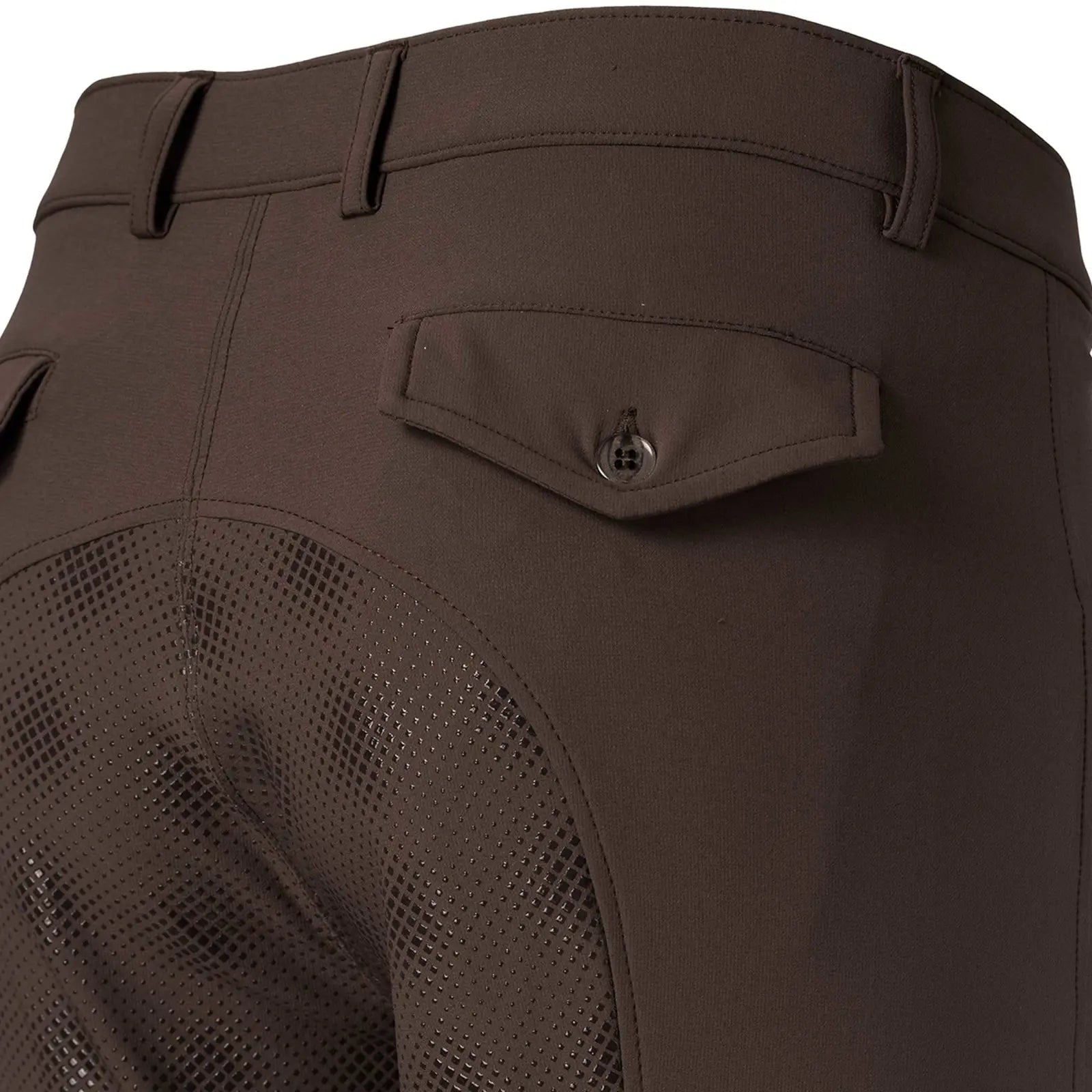 Close-up back view of the brown Equinavia Anders Mens Full Seat Breeches on a white background