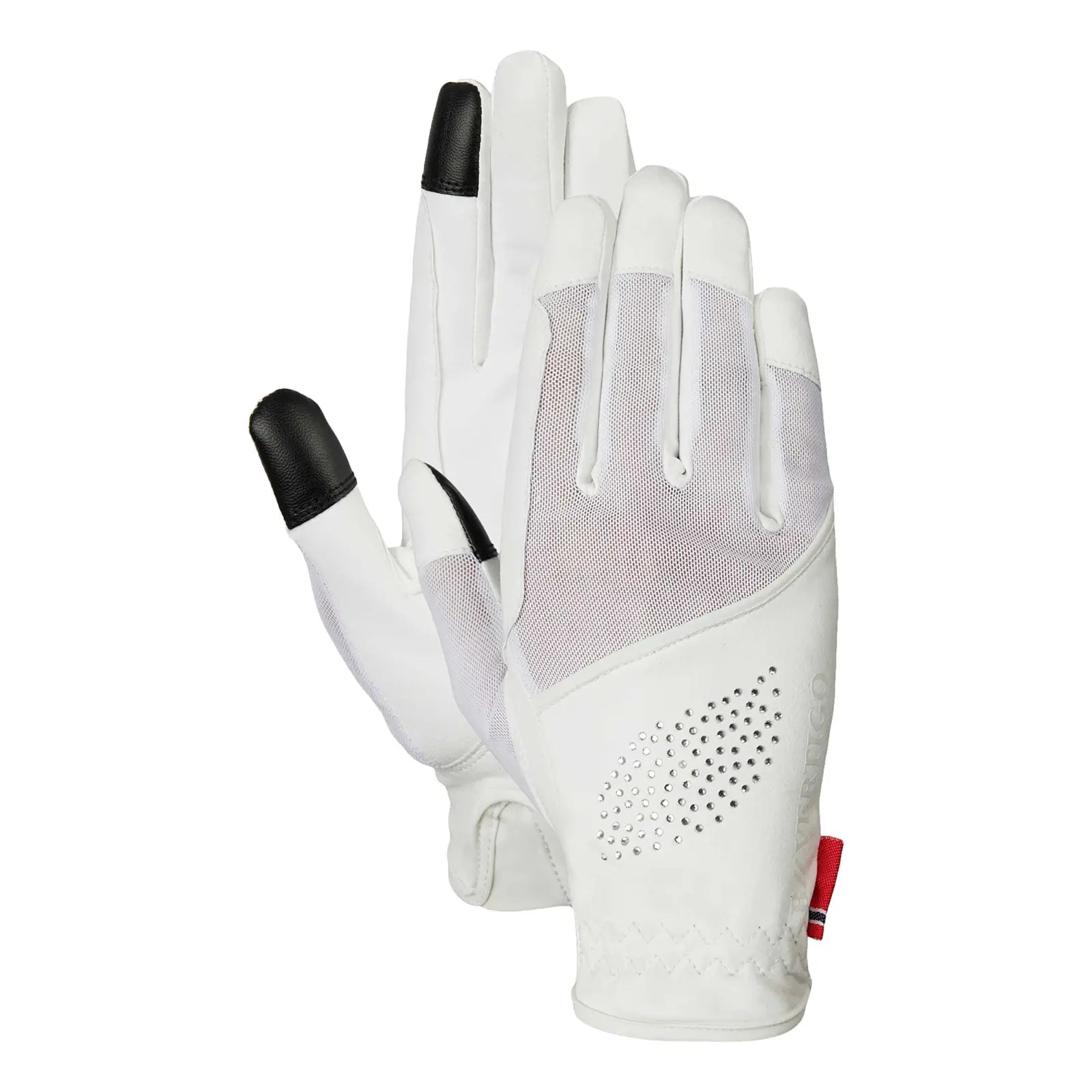 Front and Back view of a pair Equinavia B Vertigo Lux Show Gloves in white showing breathable mesh panel and decorative crystals