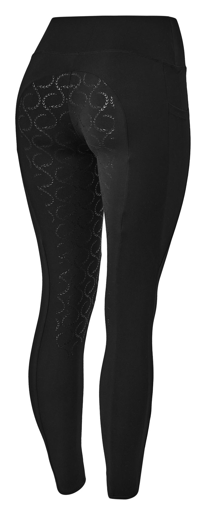 Back view of the black Horze Gillian Silicone Full Seat Tights on a white background