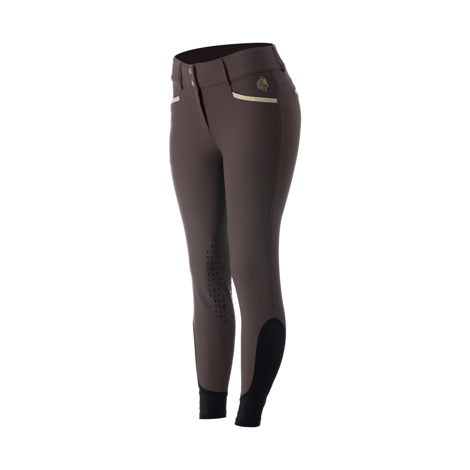Angled front view of the blue Equinavia Kristina Knee Patch Breeches on a white background