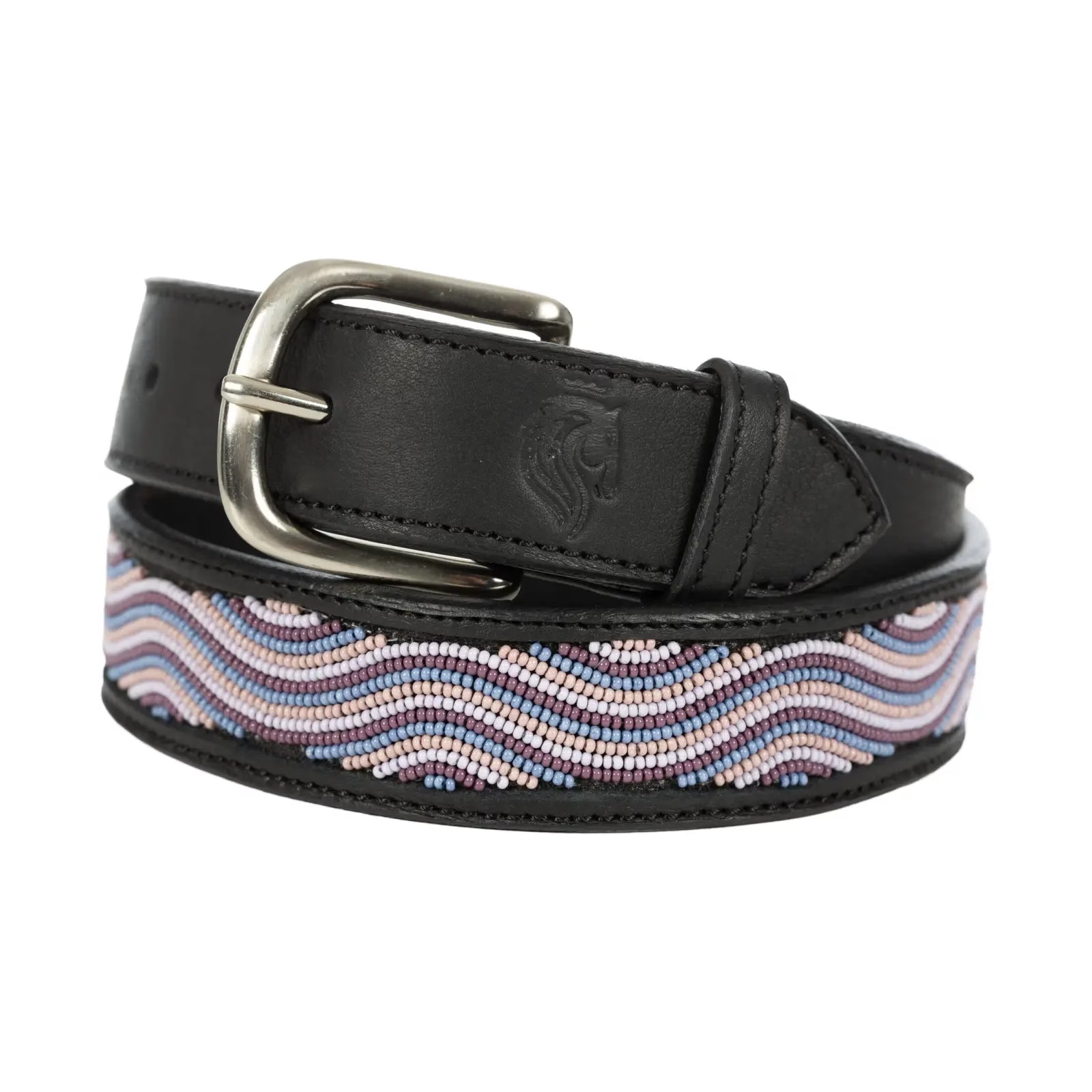 View of a black leather Equinavia Estelle Hand Beaded Belt with pink, purple, and tan beading on a white background