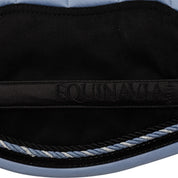 Side closeup view of Dusk Blue Equinavia Copenhagen Stay Put All Purpose Saddle Pad on a white background