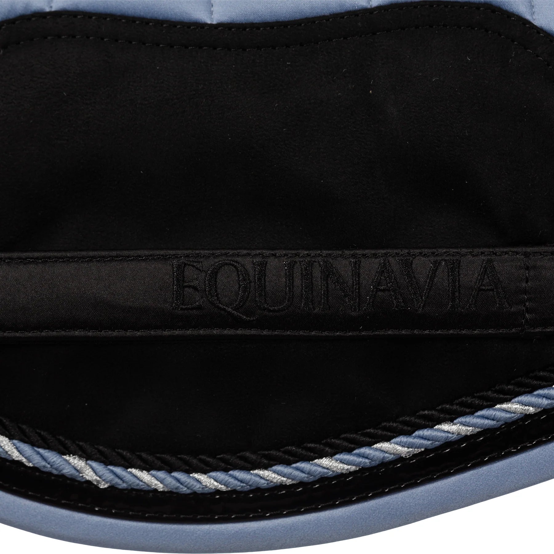Side closeup view of Dusk Blue Equinavia Copenhagen Stay Put All Purpose Saddle Pad on a white background