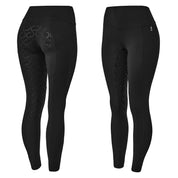 Side by side front and back views of the black Horze Gillian Silicone Full Seat Tights on a white background
