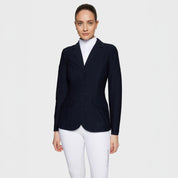 Front view of a female model wearing the Navy Samshield Wellington Crystal Show Coat on a plain background