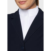 Close-up front view of a female model wearing the Navy Samshield Wellington Crystal Show Coat on a plain background