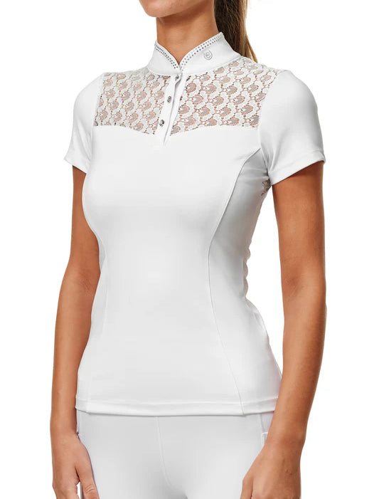 Front view of a female model wearing the white Equestrian Stockholm Crystal Champion Competition Top on a white background