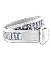 Full view of a rolled up white Equestrian Stockholm Contest Belt on a white background