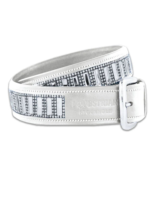 Full view of a rolled up white Equestrian Stockholm Contest Belt on a white background