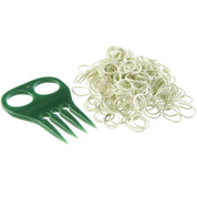 View of the Equi-Essentials Braiding Set which includes white rubber bands and a green comb