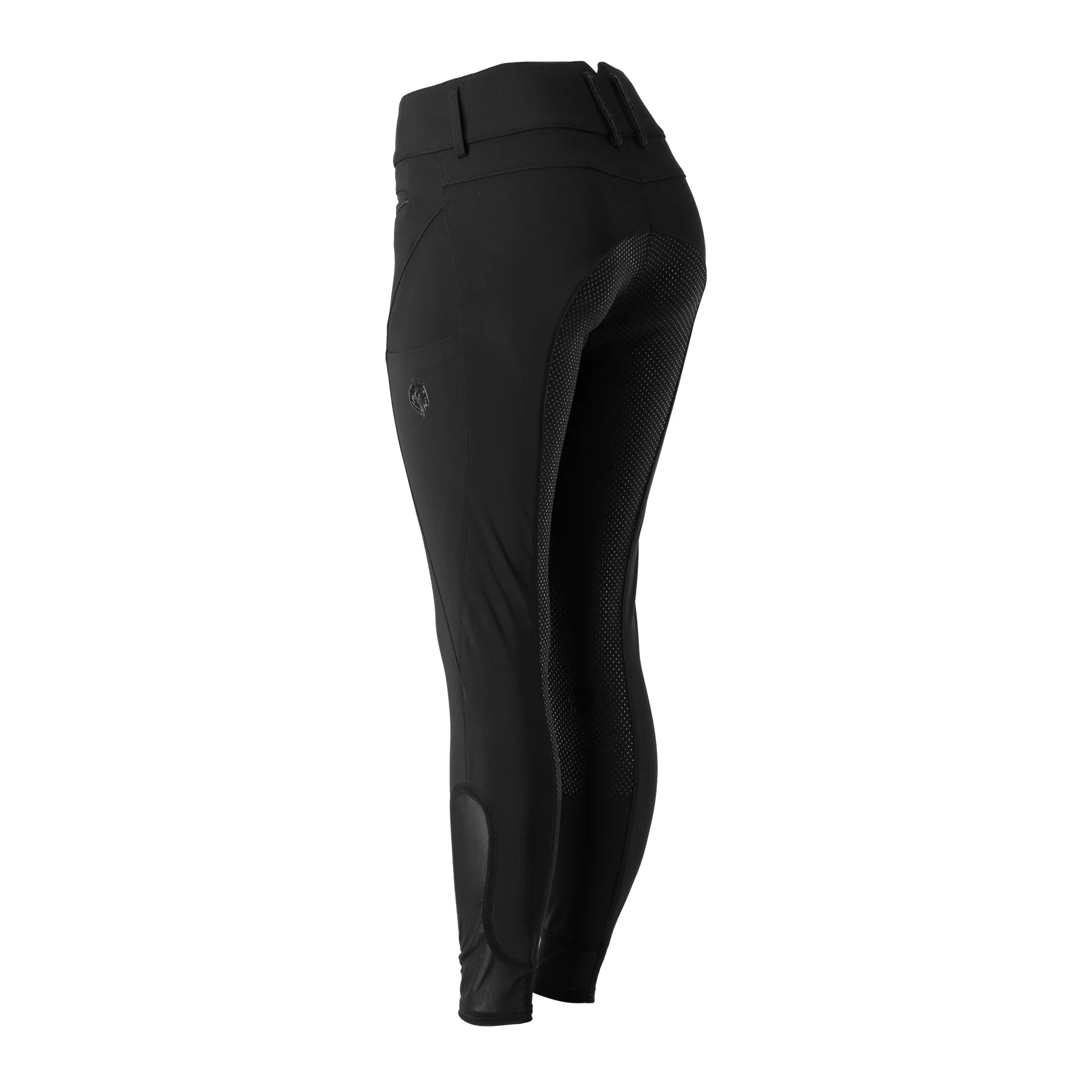 Side view of Black Equinavia Sissel Full Seat Breeches on a white background
