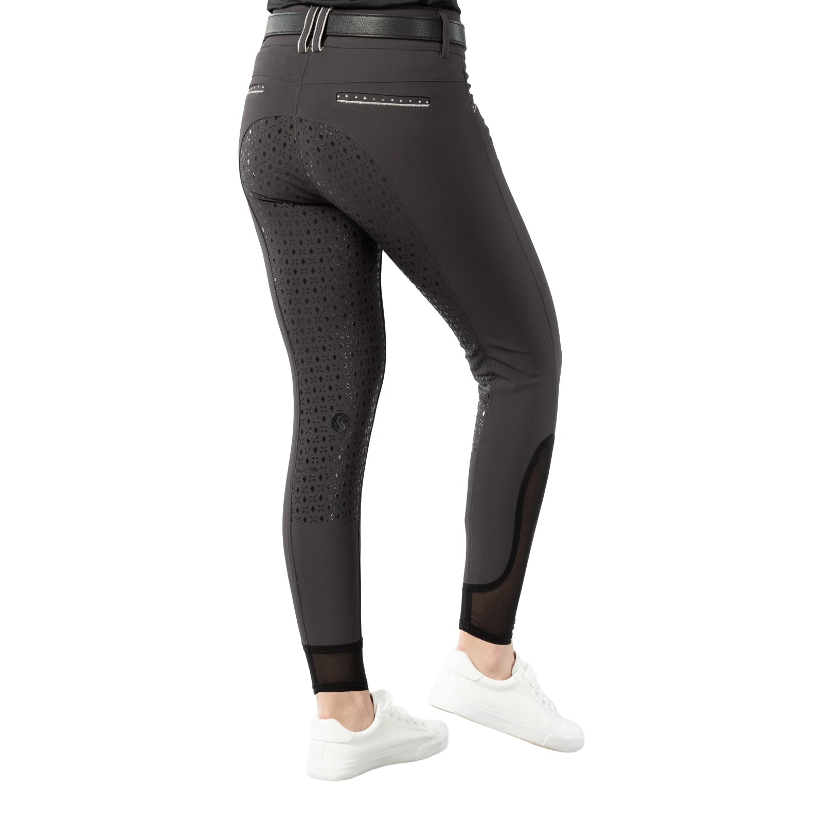 Back view of model wearing the dark gray Equinavia Victoria Full Seat Breeches on a white background