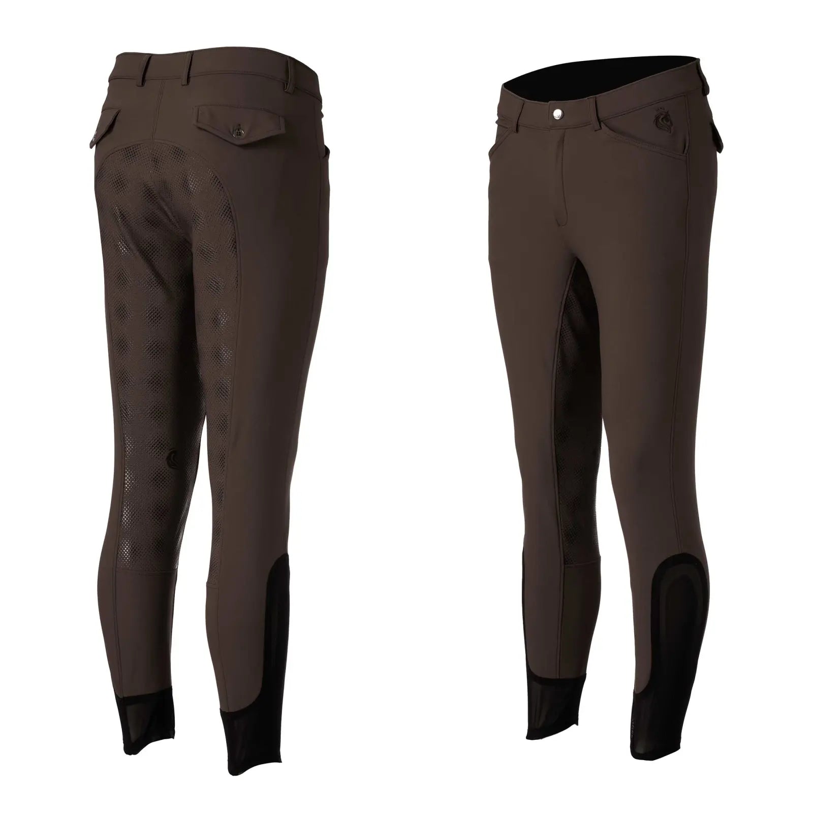 Front and back views of the brown Equinavia Anders Mens Full Seat Breeches on a white background
