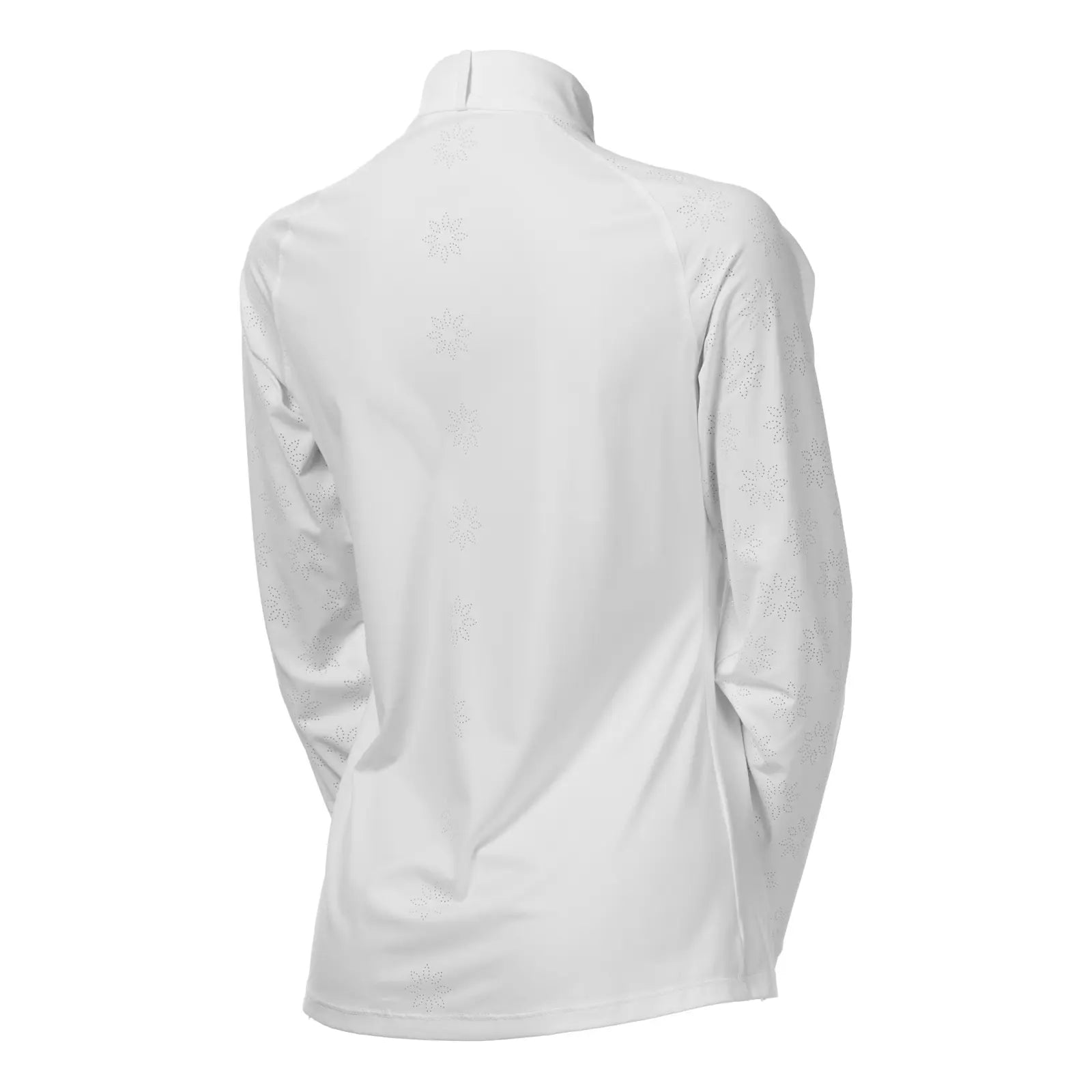 Back view of the Equinavia Petra Long Sleeved Show Shirt in white showing floral design down sleeves and spine