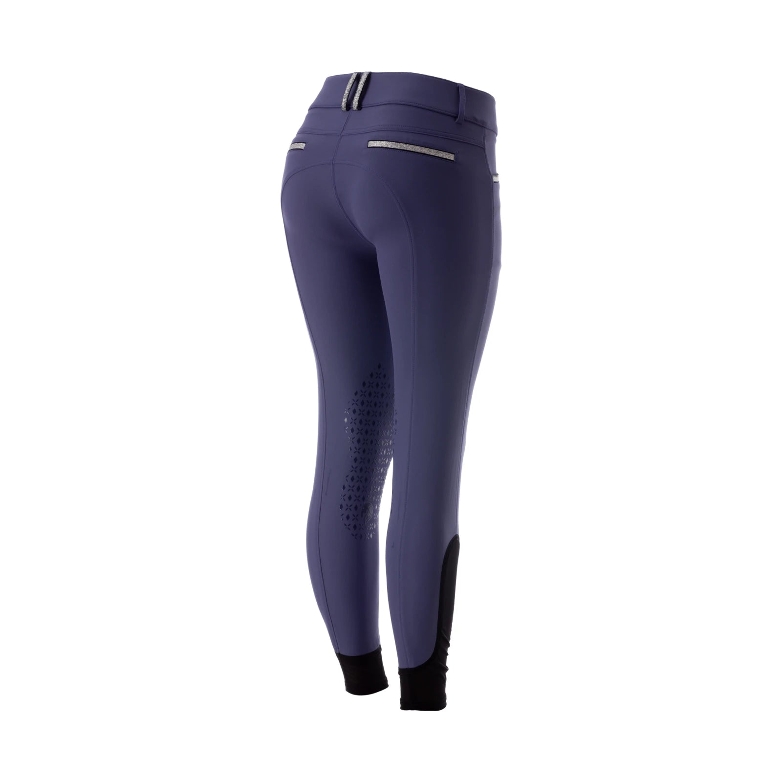 Angled back view of the blue Equinavia Kristina Knee Patch Breeches on a white background