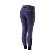 Angled back view of the blue Equinavia Kristina Knee Patch Breeches on a white background