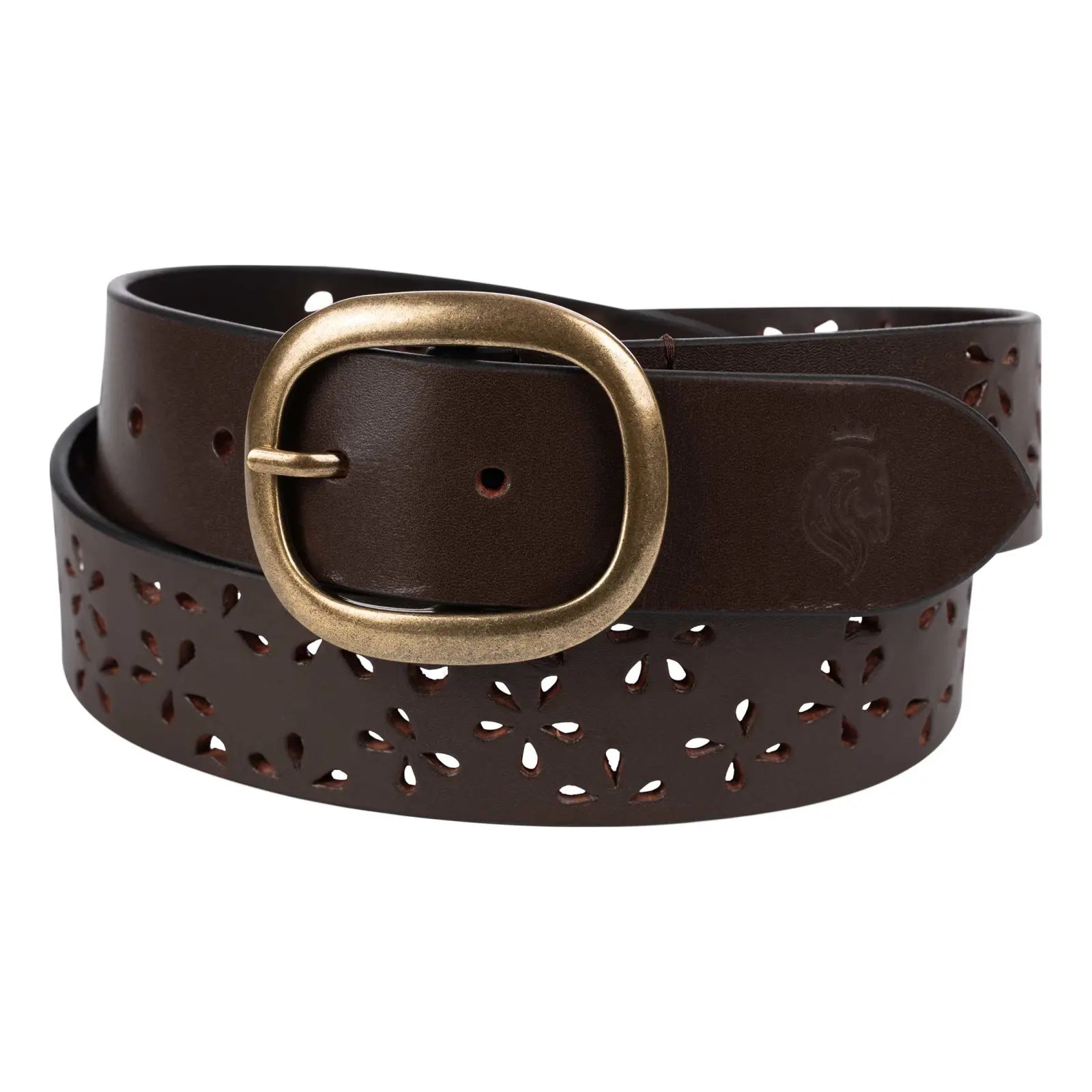 Close up front view of a rolled up Equinavia Emmi Flowers Leather Belt in chocolate brown.