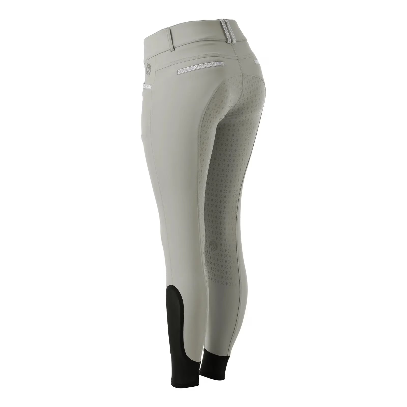 Angled back view of the Equinavia Kristina Full Seat Breeches in tan on a white background