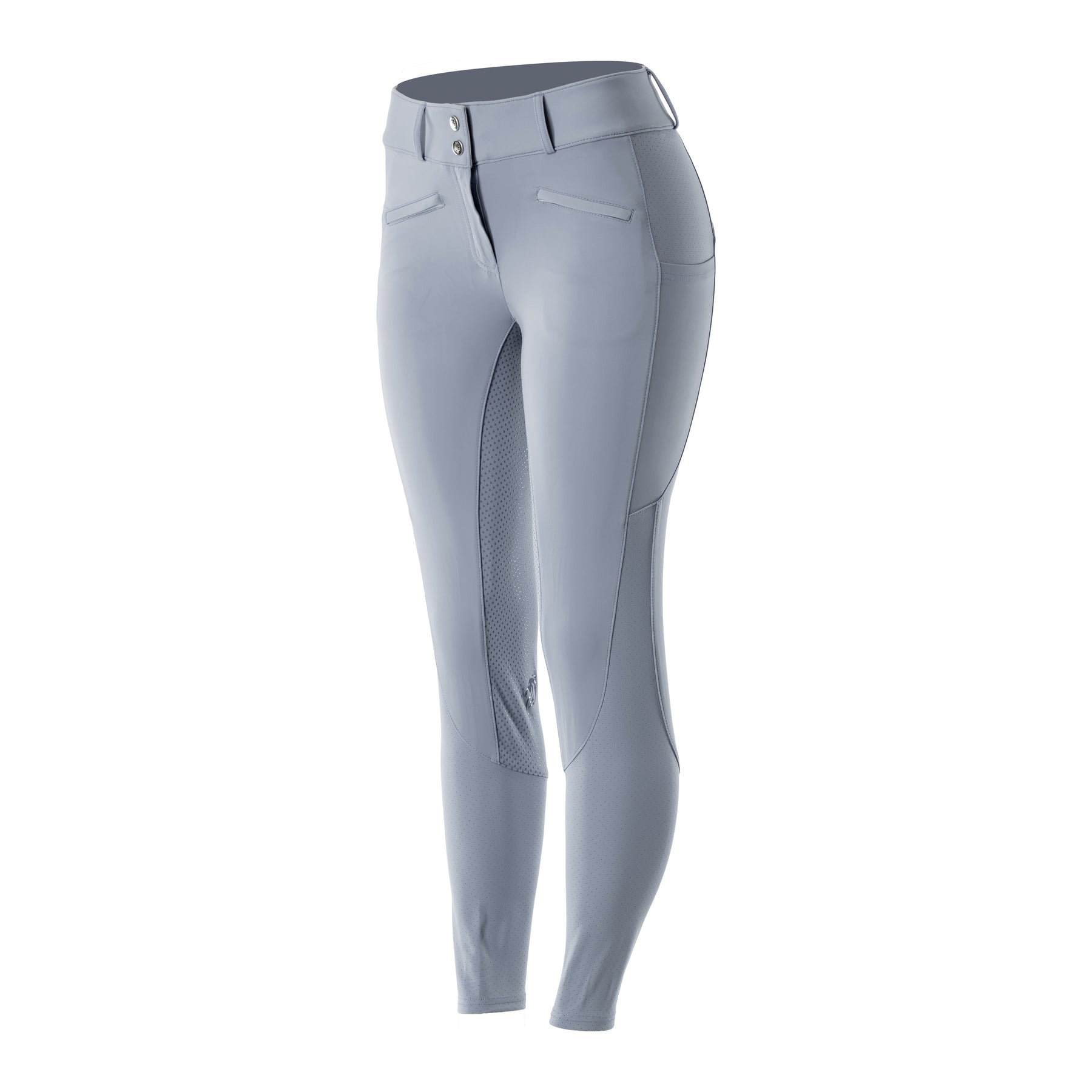 Front view of the Dusk Blue Equinavia Birgit Summer Full Seat Breeches on a white background