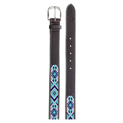 View of a dark brown leather Equinavia Estelle Hand Beaded Belt with blue, turquoise, and white beading on a white background