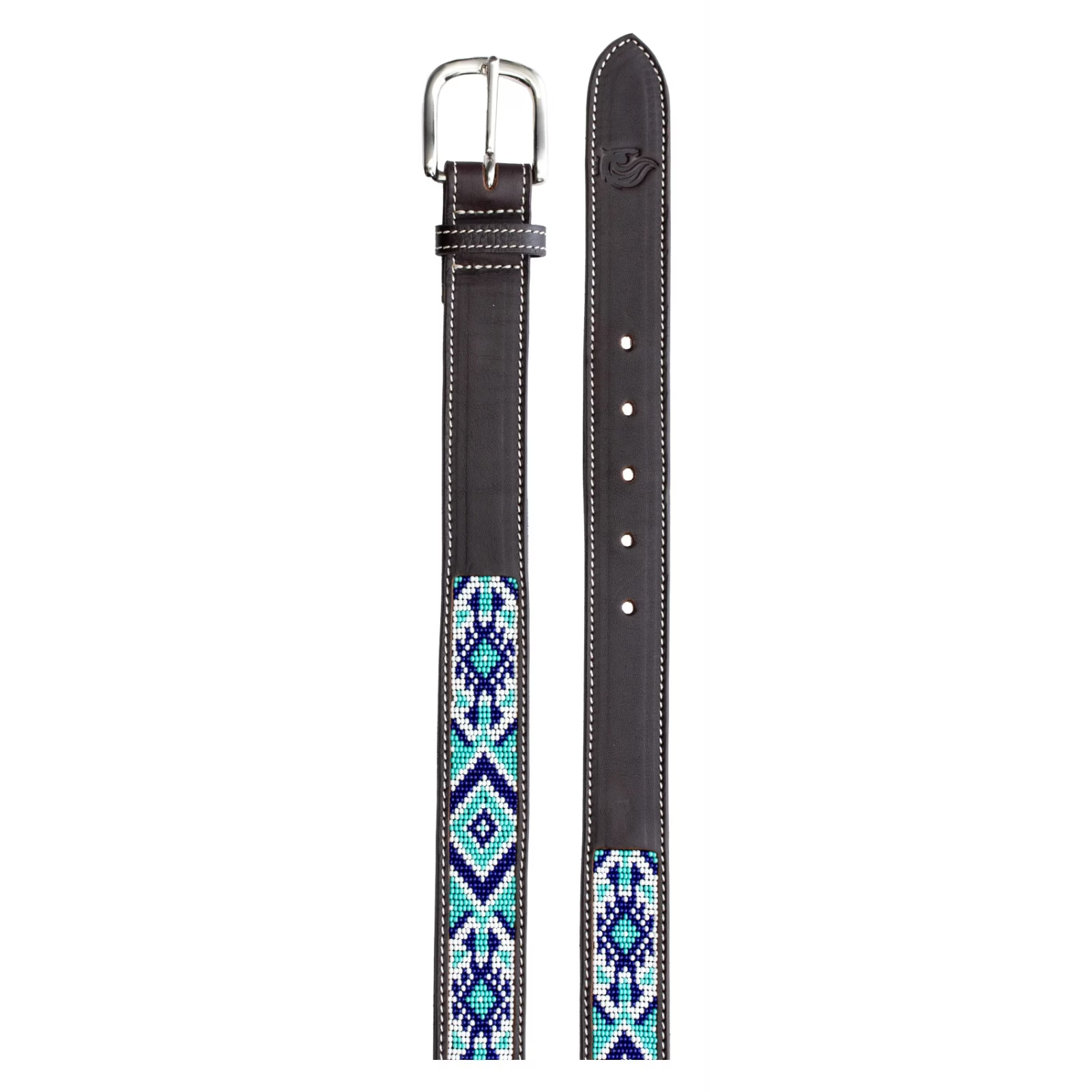 View of a dark brown leather Equinavia Estelle Hand Beaded Belt with blue, turquoise, and white beading on a white background