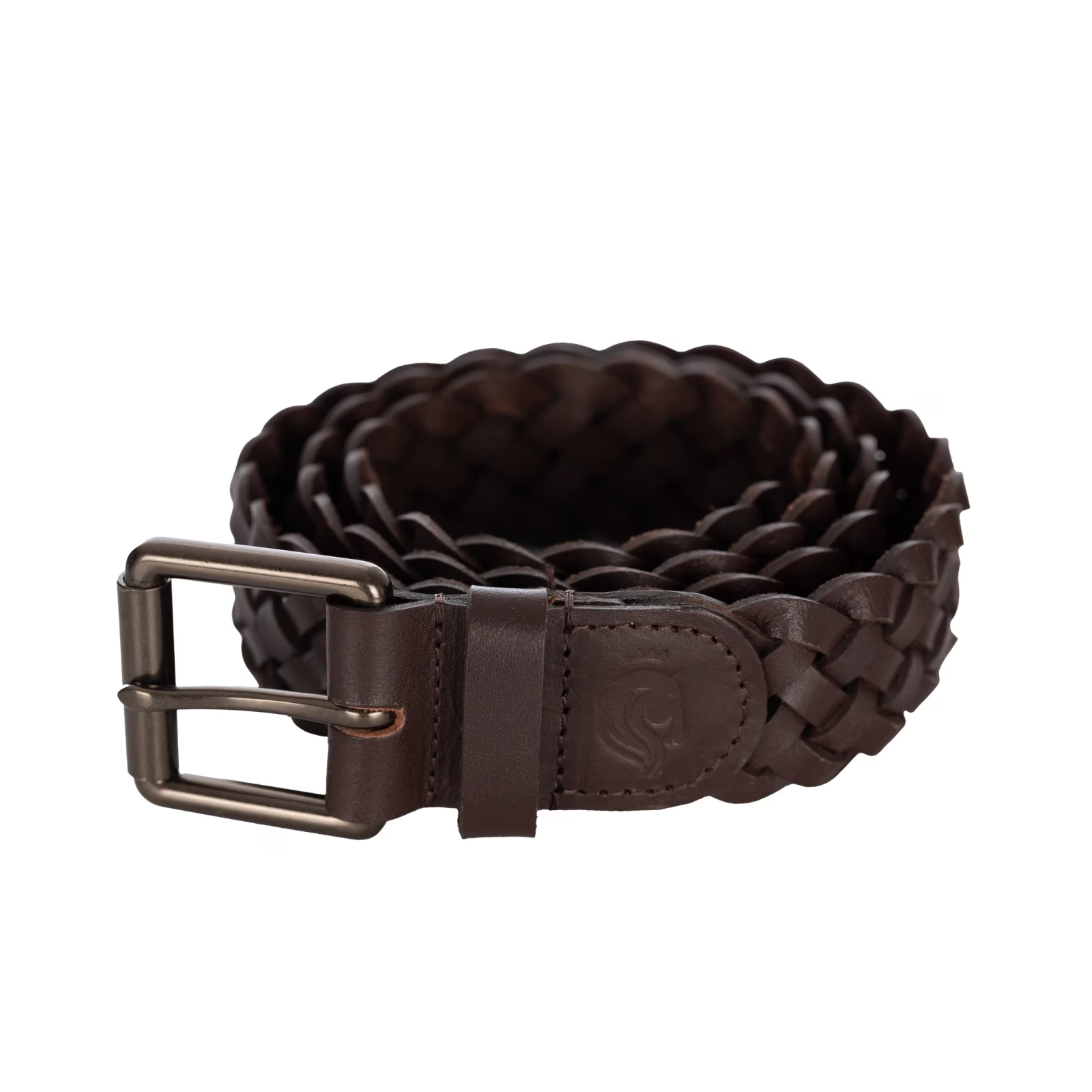 View of the chocolate brown Equinavia Kari Braided Belt on a white background