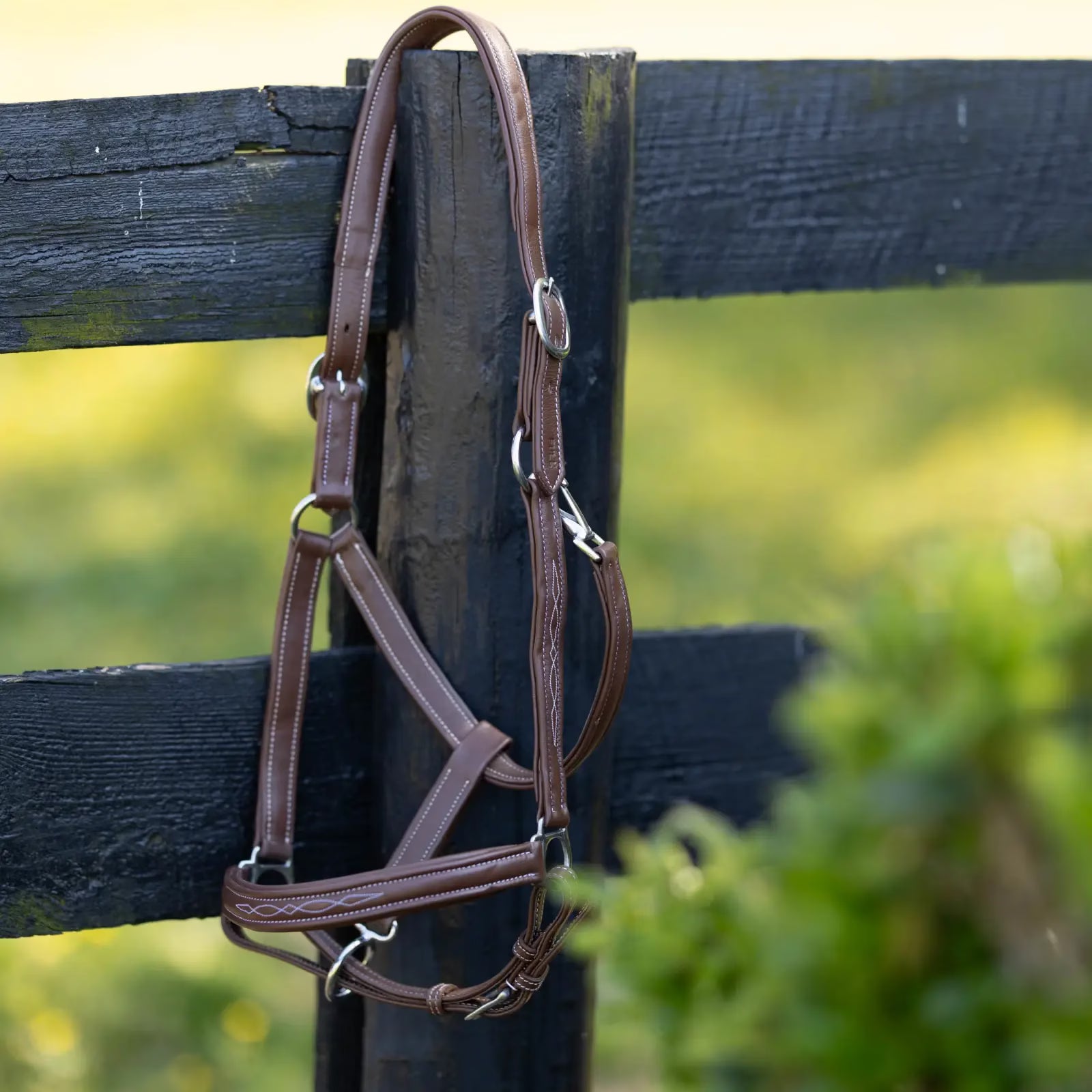 Angled from view of the brown Horze Warren Soft Leather Halter hanging on a black wooden fence post