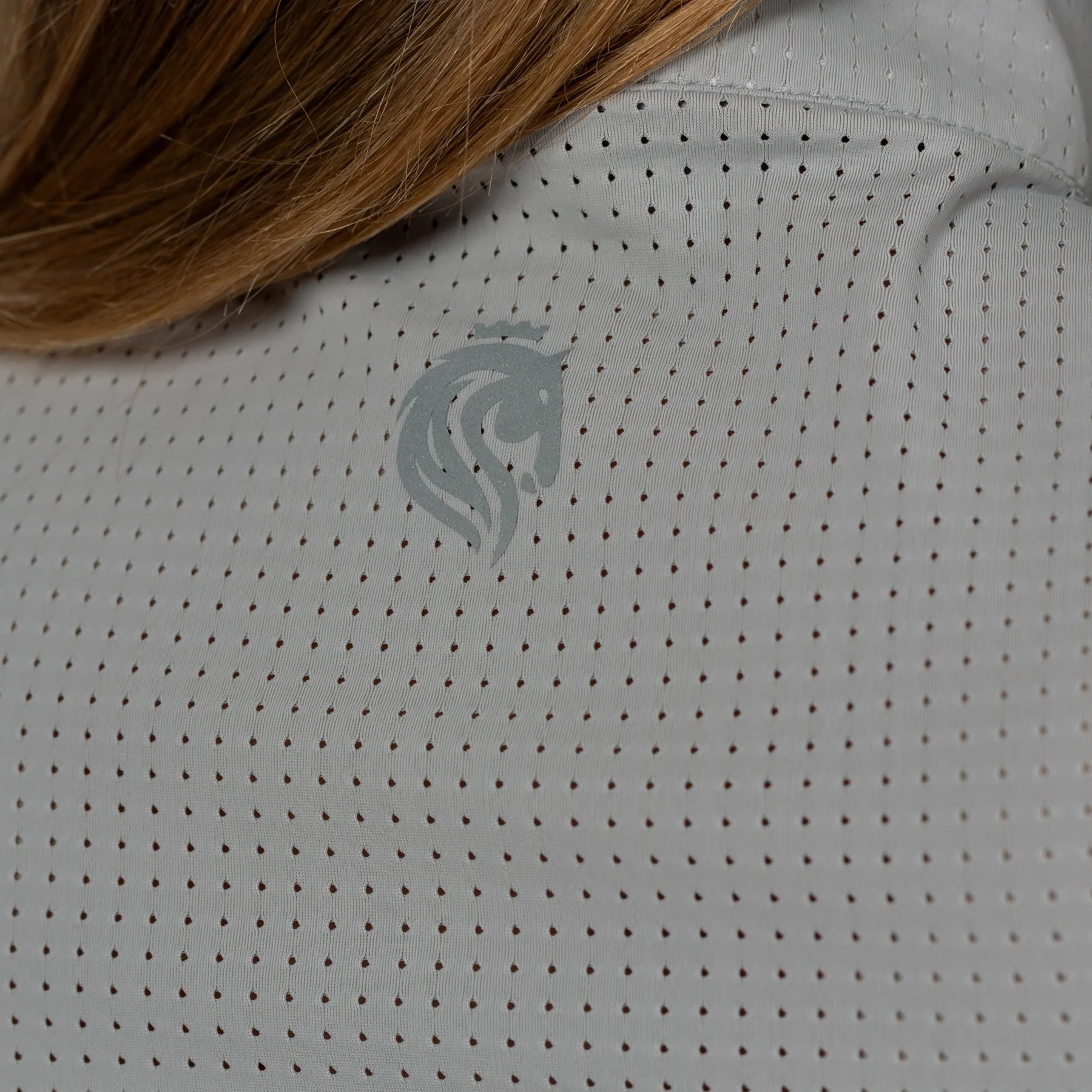 Back closeup view of a model wearing Dapple Gray Equinavia Juni Long Sleeve Quarter Zip Shirt showing detail